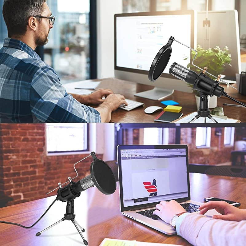 Studio Recording MicrophoneUSB Condenser Podcast MicrophonePlug and Play Desktop Gaming Streaming Microphone with Pop Filter for PcSkypeSingYouTube