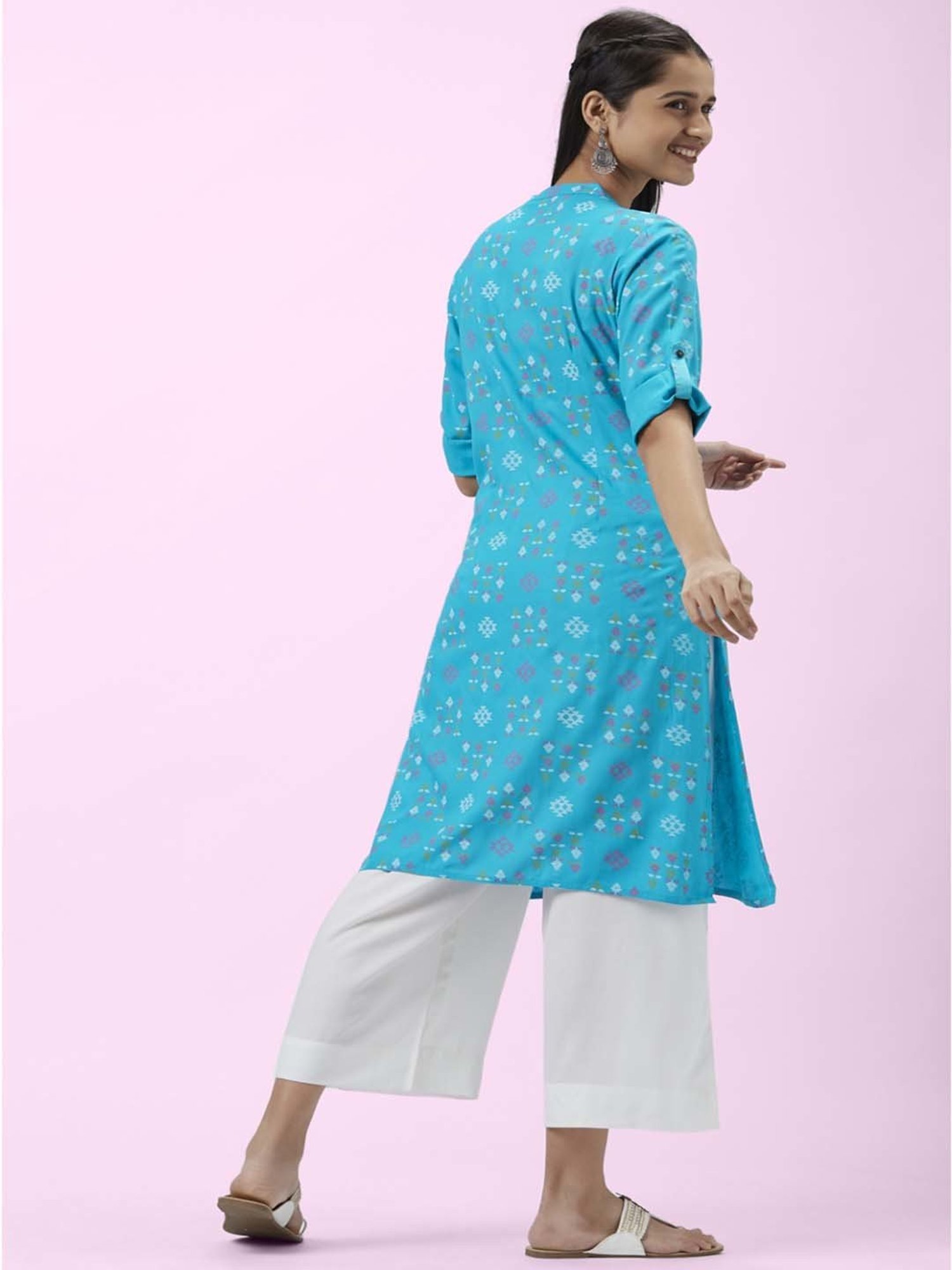 Rangmanch by Pantaloons Turquoise & White Printed Kurta Palazzo Set