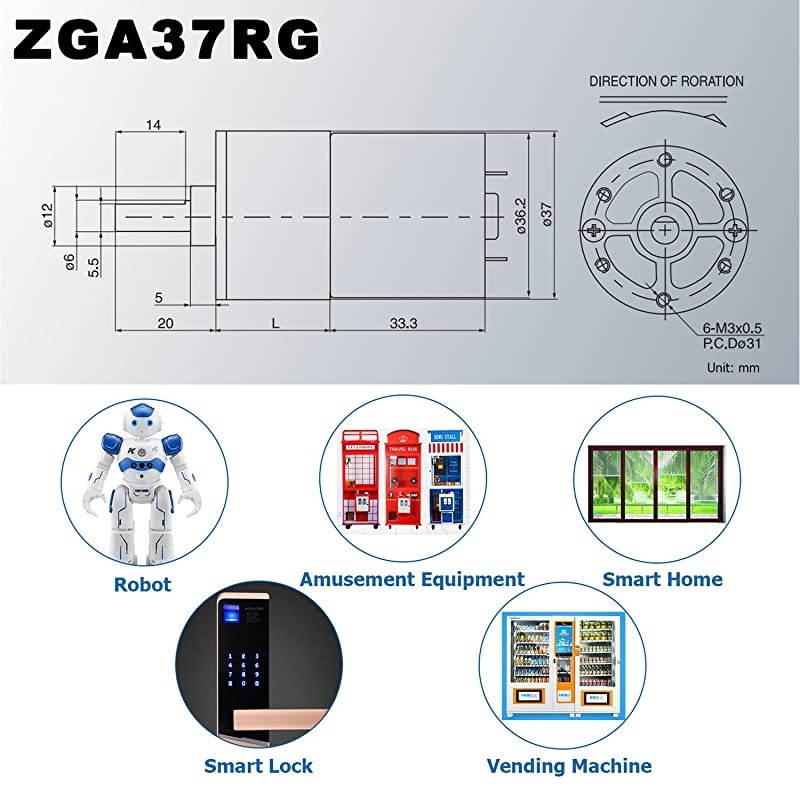 DC 12V 5RPM Gear Motor High Torque Electric Micro Speed Reduction Geared Motor Centric Output Shaft 37mm Diameter Gearbox