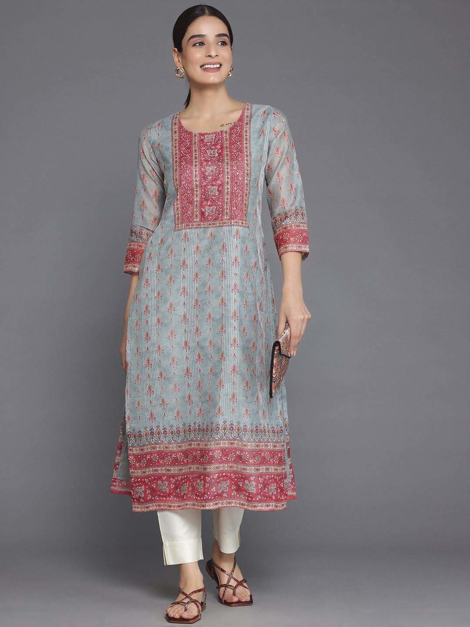 Libas Grey Printed Straight Kurta