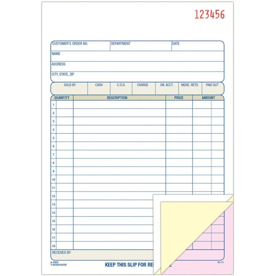 Adams Carbonless Sales Order Books - 50 Sheet(s) - 3 Part - Carbonless - 8.43" x 5.56" Sheet Size - Assorted - 1Each