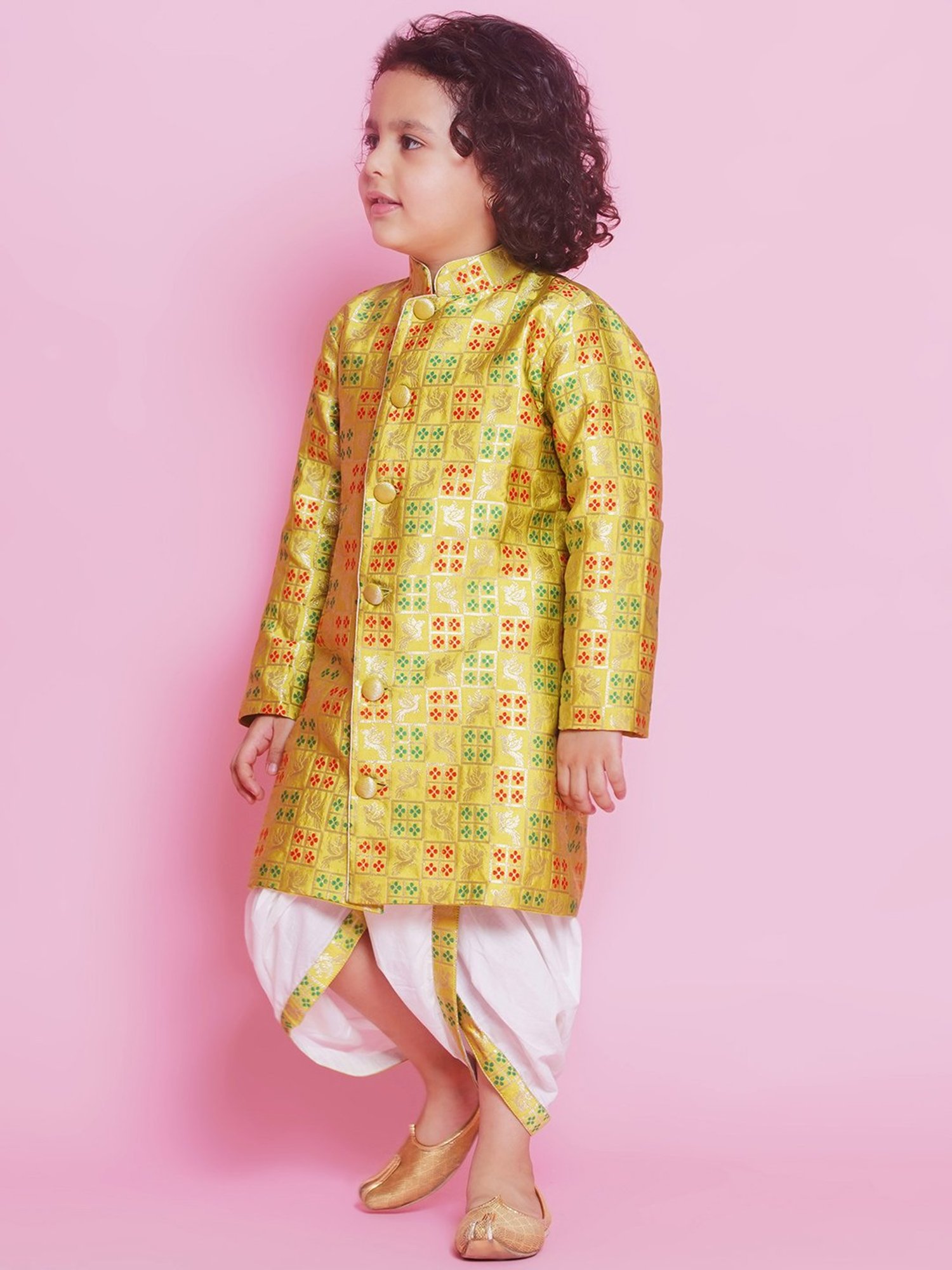 Little Bansi Kids Green & White Self Design Full Sleeves Sherwani with Dhoti