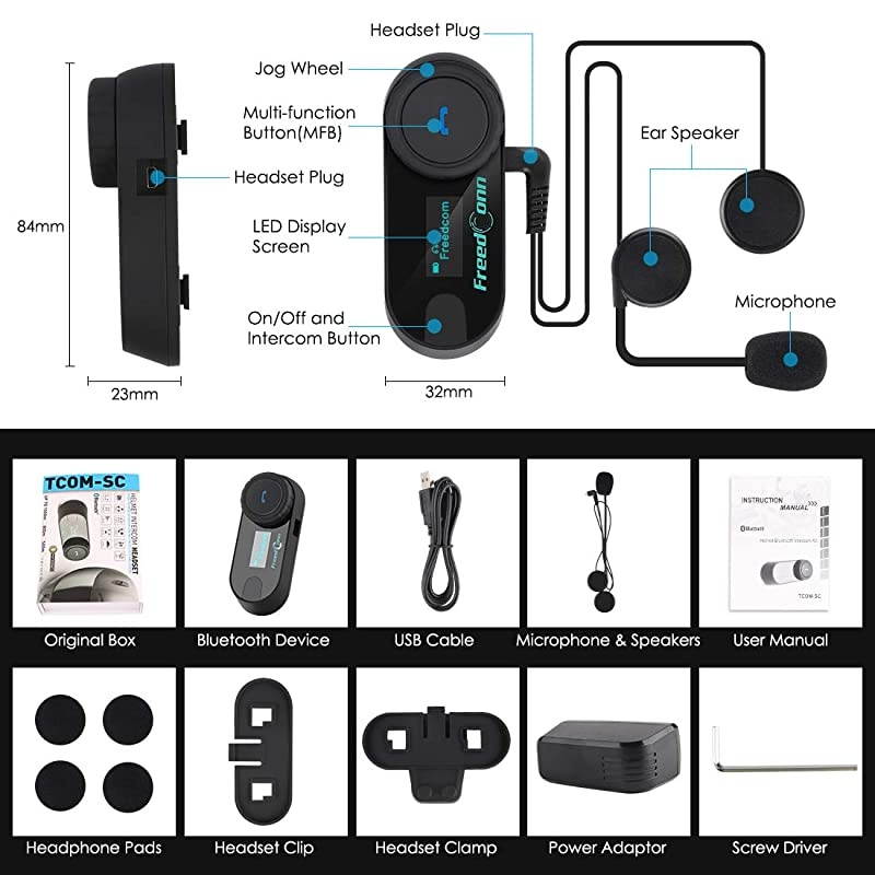 Bluetooth Intercom Kit Microphone Headphone Motorcycle Intercom Headset 800M Full-Duplex Intercom Support 3 Riders Connected, Cell Phone/Music/GPS (1 Unit with Hard Cable)