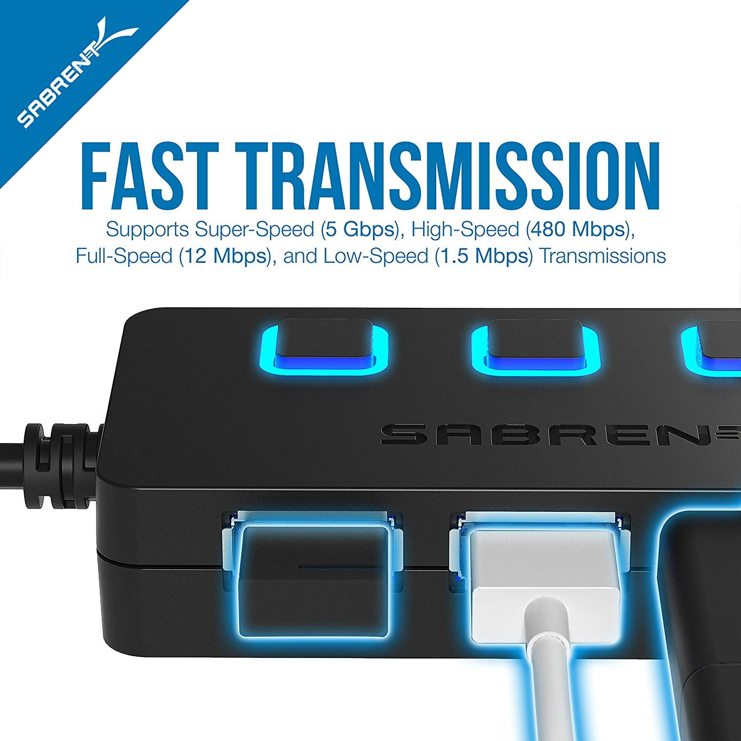 USB HUB, 4-Port USB 3.0 Hub with Individual Power Switches, LED Indicators Each Port , USB HUB Transfer Speeds up to 5Gbps, Compatible USB 2.0 / 1.1,Plug & Play and Hot Swappable