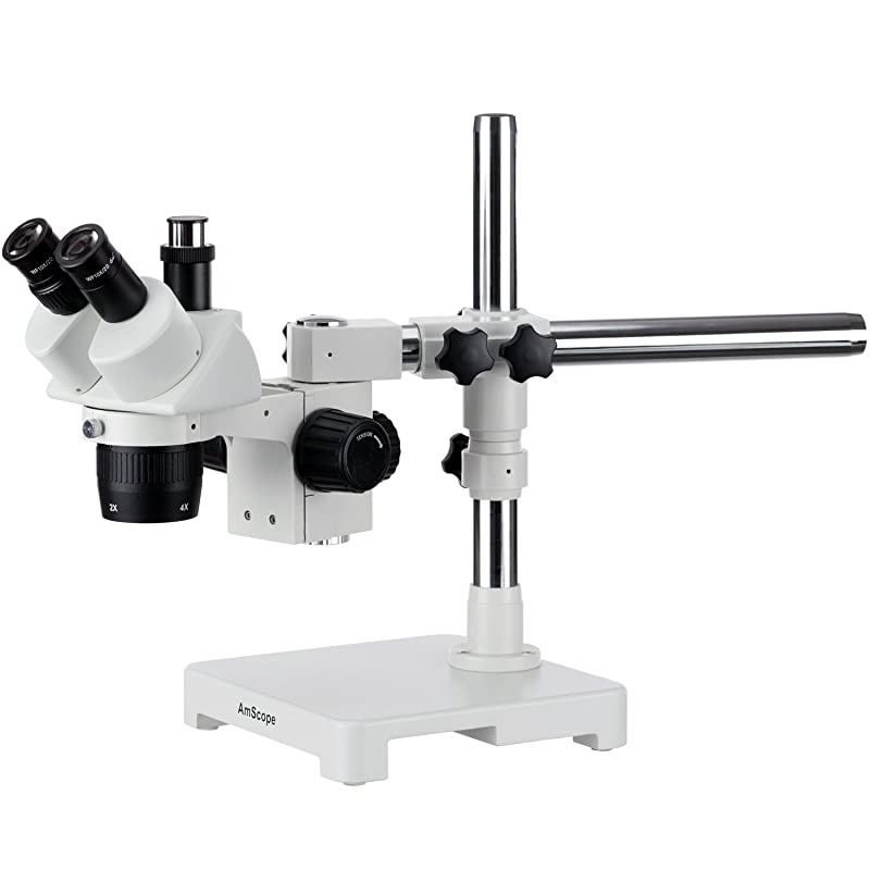 SW-3T24Z Trinocular Stereo Microscope, WH10x Eyepieces, 20X/40X/80X Magnification, 2X/4X Objective, Single-Arm Boom Stand, Includes 2.0x Barlow Lens
