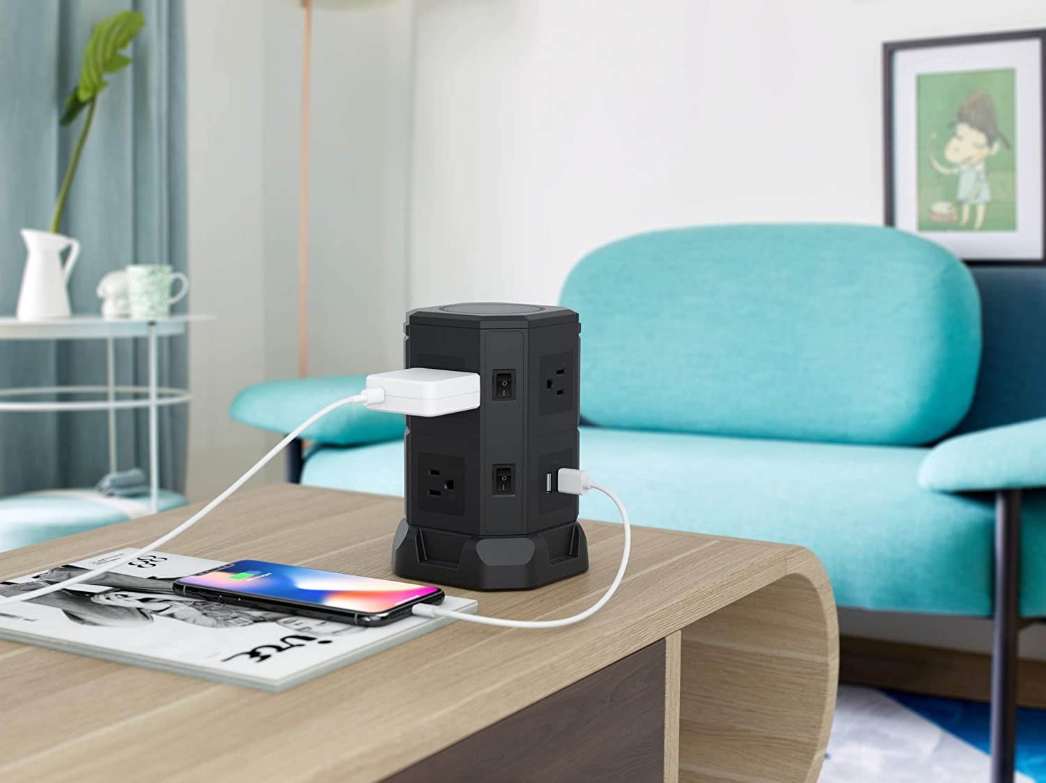 BTU Surge Protector Electric Charging Station,Power Strip Tower Wireless Charger+7 Outlet Plugs+2 USB Ports + 6.5ft Extension Cord Universal Socket PC Laptops Phone(Black)