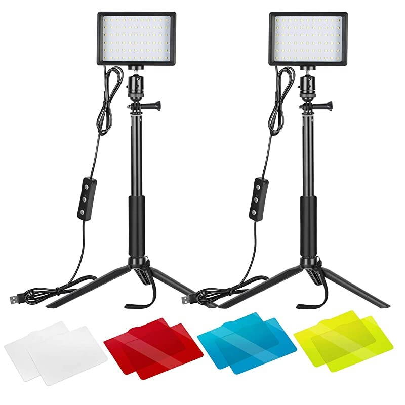 2 Packs Dimmable 5600K USB LED Video Light with Adjustable Tripod StandColor Filters for TabletopLow Angle Shooting Colorful LED Lighting Product Portrait YouTube Video Photography