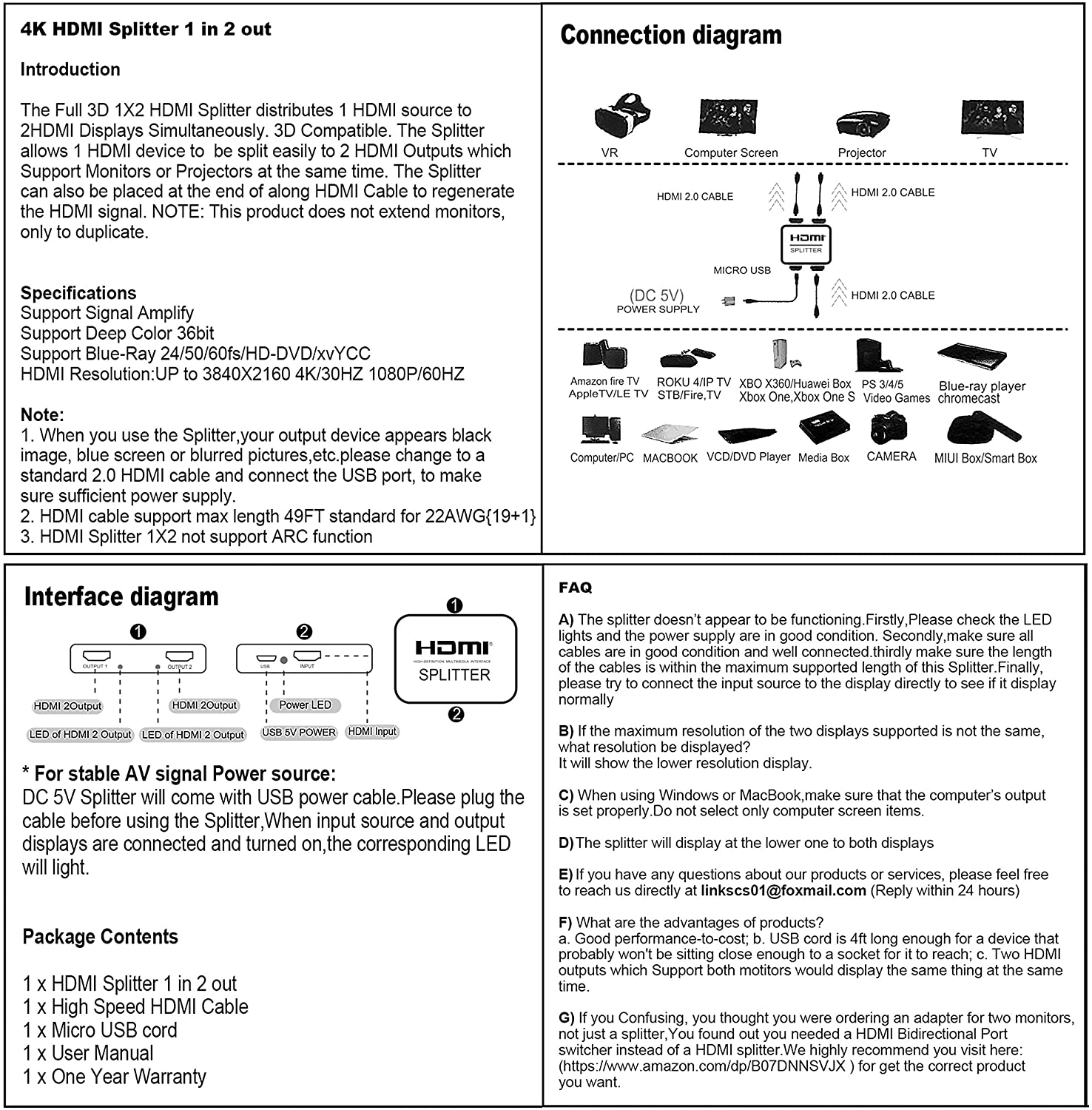 HDMI Splitter 1 in 2 Out, 4K HDMI Splitter for Dual Monitors Duplicate/Mirror Only, 1x2 HDMI Splitter 1 to 2 Amplifier for Full HD 1080P 3D with HDMI Cable (1 Source onto 2 Displays)