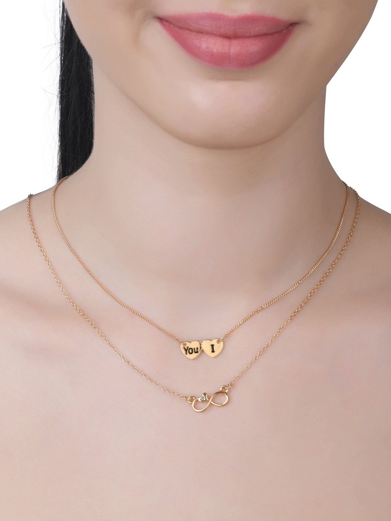 Lilly & Sparkle Gold Toned Set of 2 Chains with Infinity and You" and "I" Heart Pendants