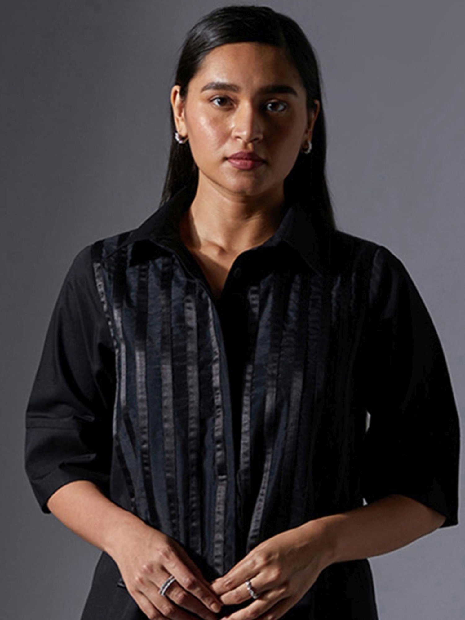 House of Manaa Black Loose Fit Satin Detailed Shirt