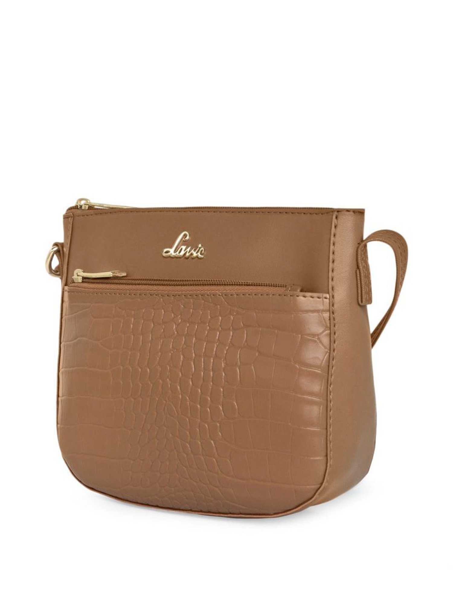 Lavie Croc Saddle Tan Synthetic Textured Sling Handbag