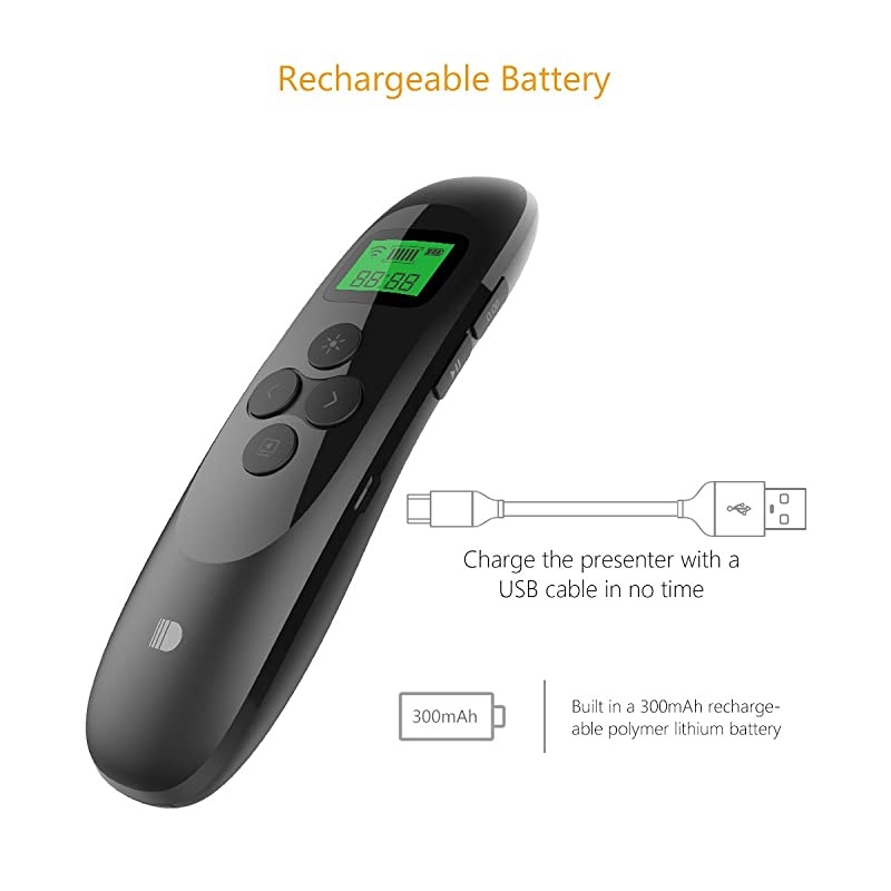 Presentation Remote  Rechargeable Wireless Presenter with LCD Display 24GHz Wireless USB Powerpoint PPT Clicker Remote Control Black