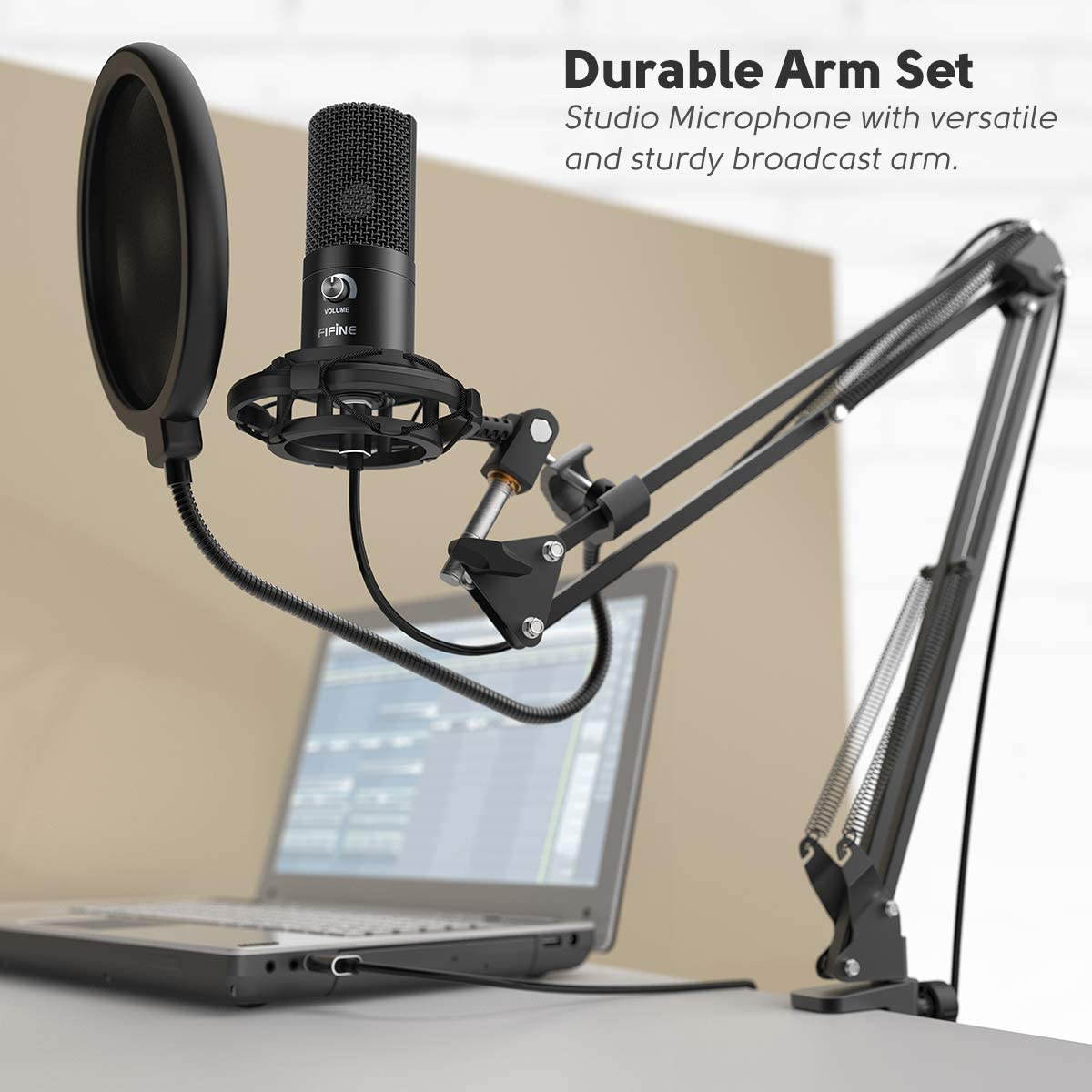 Studio Condenser USB Microphone Computer PC Microphone Kit with Adjustable Scissor Arm Stand Shock Mount for Instruments Voice Overs Recording Podcasting YouTube Karaoke Gaming Streaming