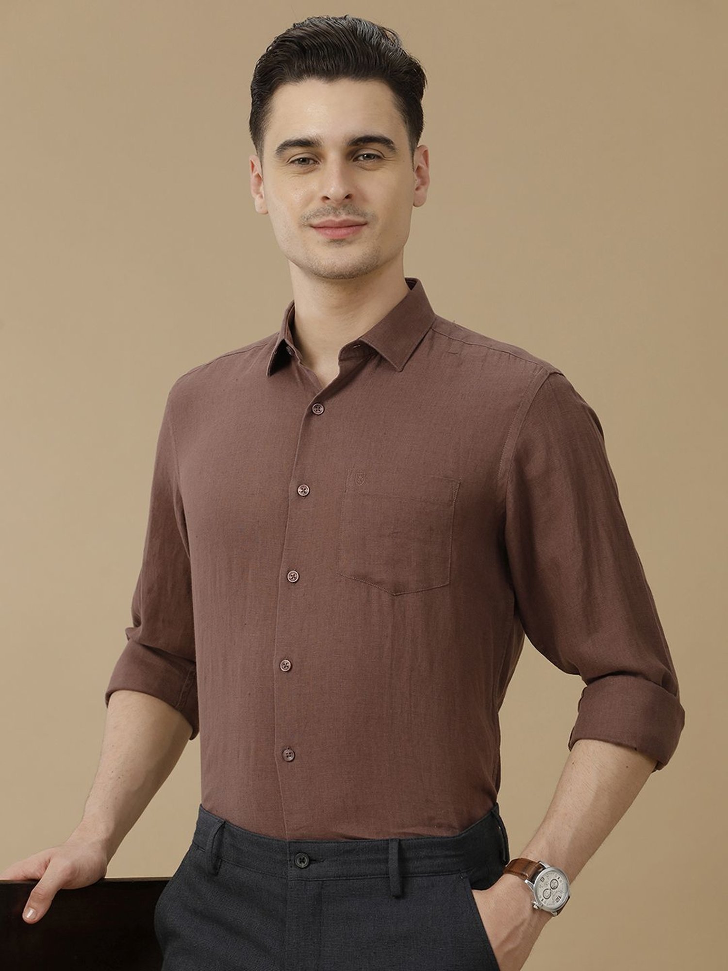 Linen Club Brown Linen Contemporary Fit Shirt