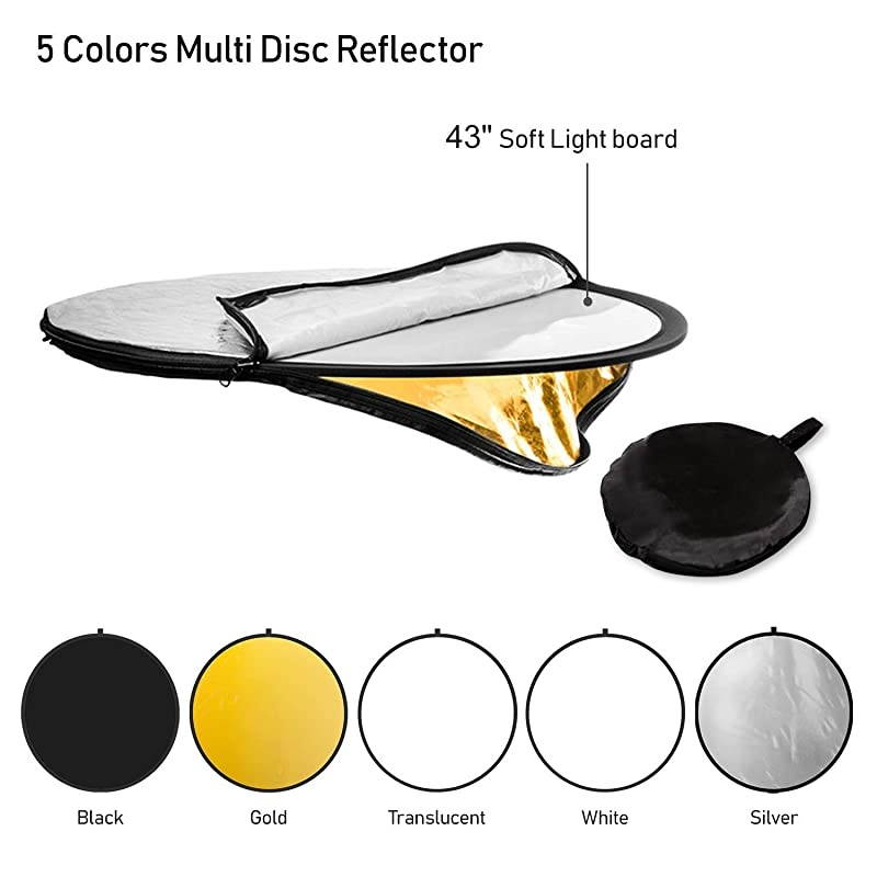 43" Photography Photo Video Studio Lighting Disc Reflector, 5-in-1, 5 Colors, Black, White, Gold, Silver, Translucent, AGG808