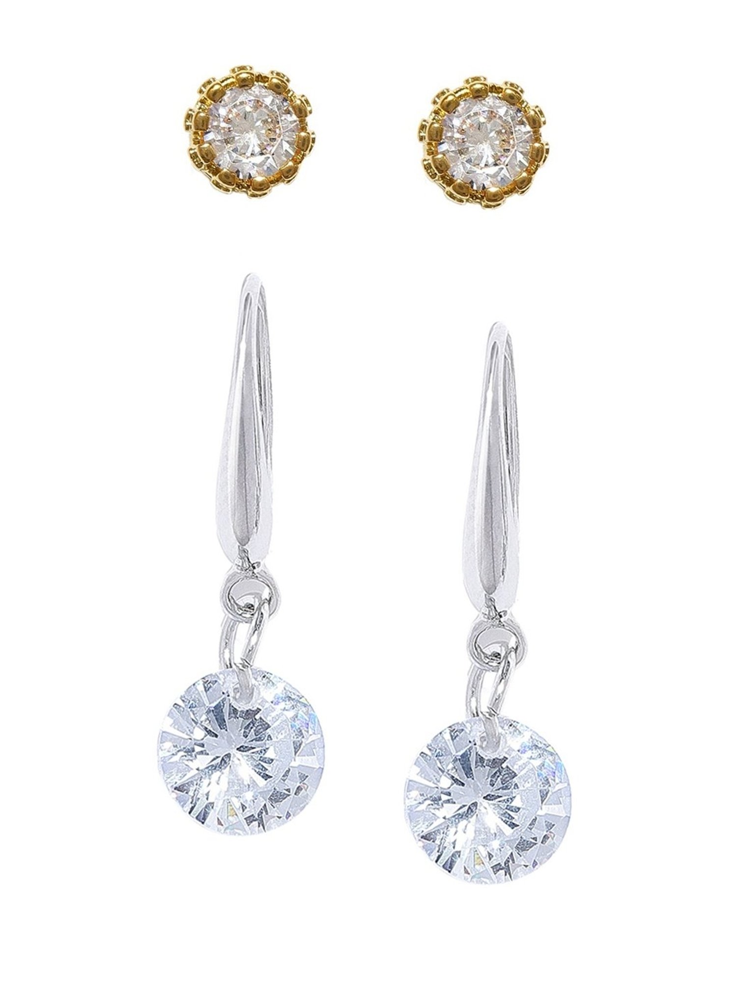 OOMPH Delicate Golden Silver Crown Design Zirconia Stud & Drop Earrings for Women - Set of 2