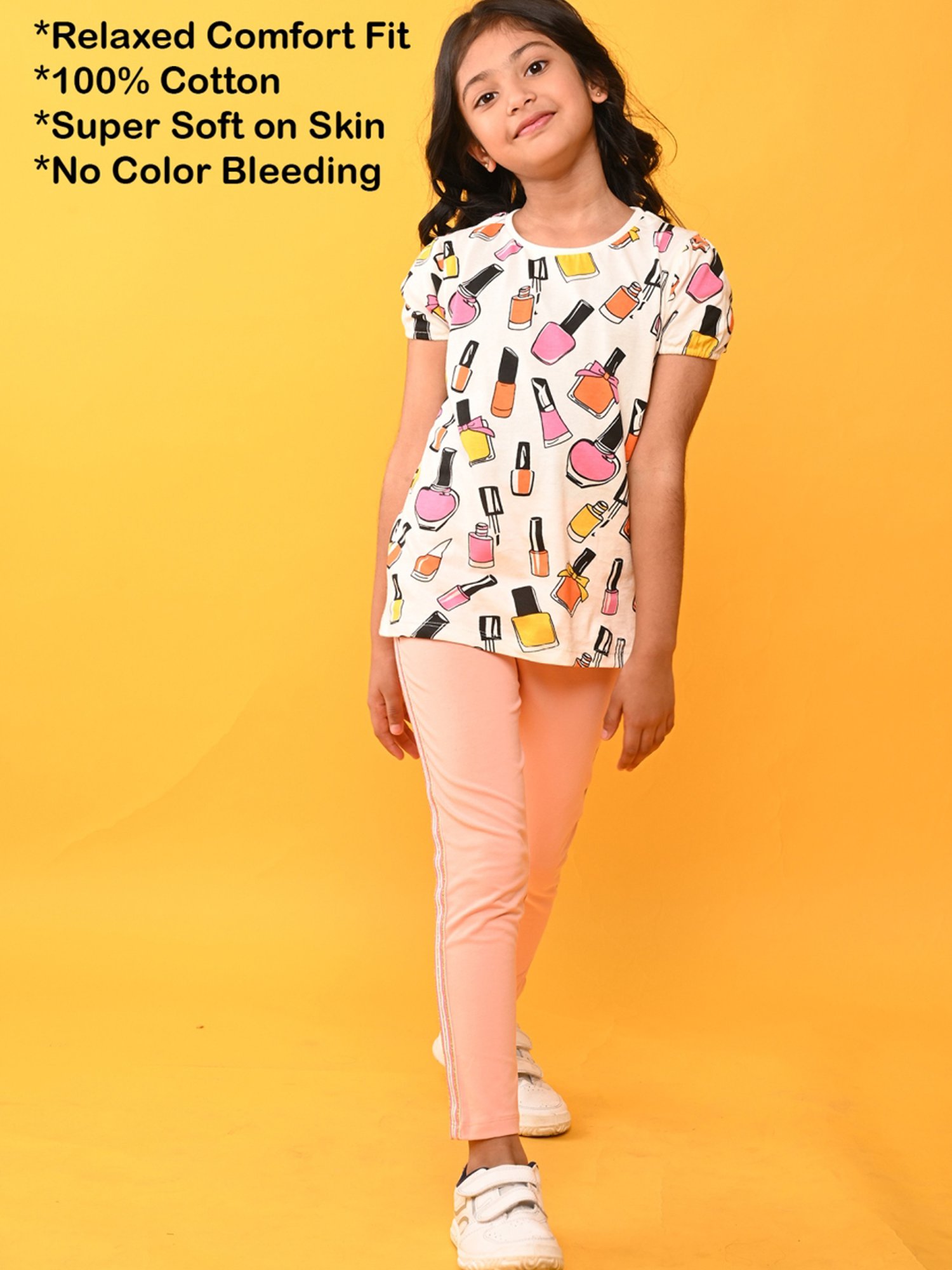 Anthrilo Girls White & Peach Cotton Printed T-Shirt Set