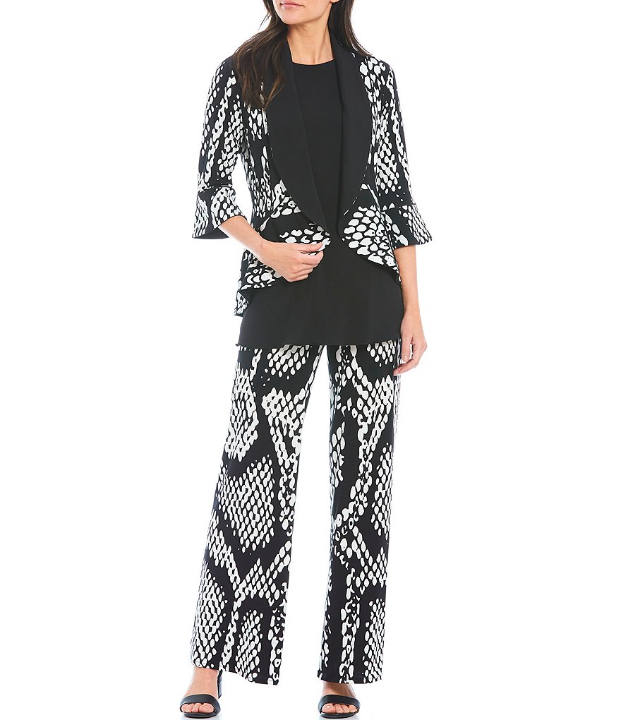 Eva Varro Reversible Snakeskin Print Bell Sleeve Solid Shawl Collar Open-Front Ruffle Peplum Jacket