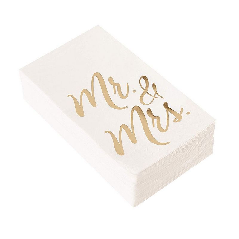 Juvale 50-Pack Mr and Mrs Gold Foil White Disposable Paper Napkins 4x8", Wedding Anniversary Party Supplies