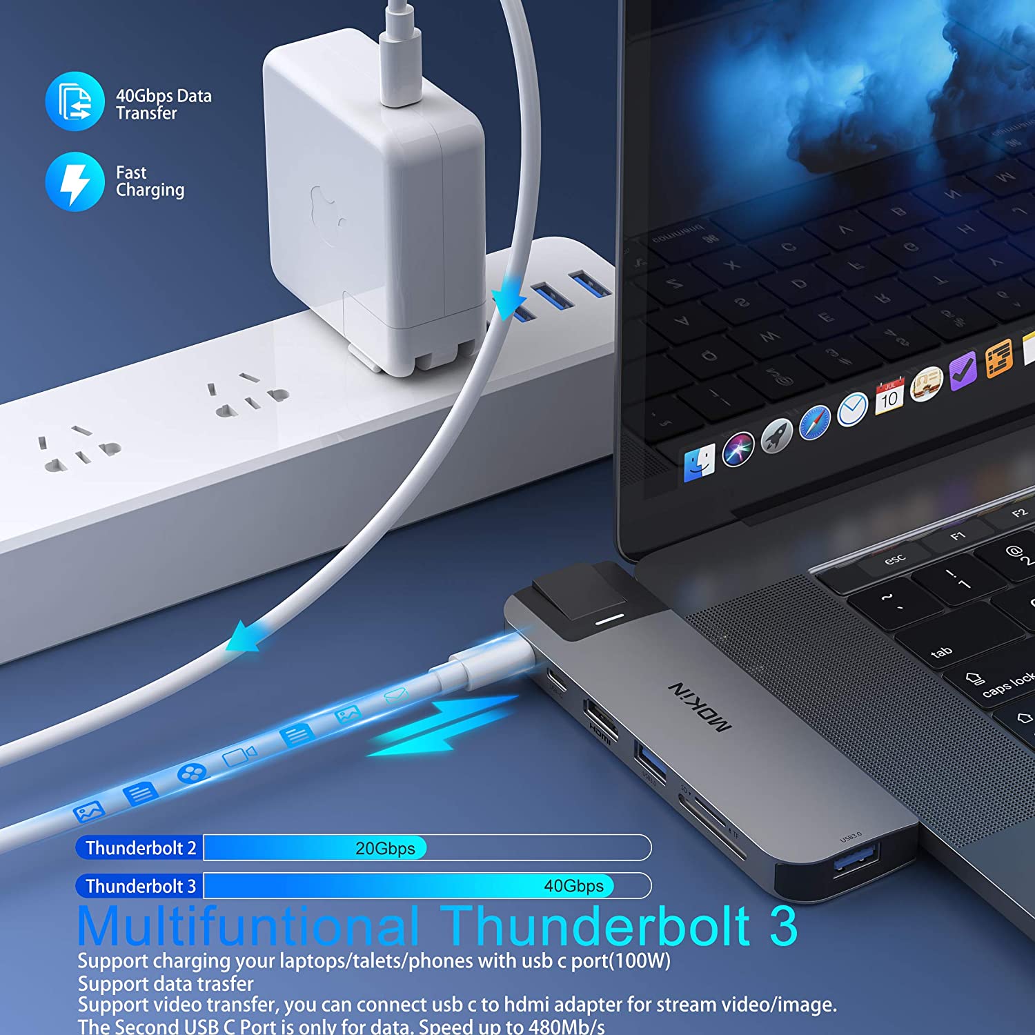 MacBook Pro USB Adapter, USB C Multiport Adapter Hub Mac Dongle for MacBook Pro/Air with 4K HDMI Port, Gigabit ethernet, 2 USB 3.0, TF/SD Card Reader, USB-C 100W PD and Thunderbolt 3