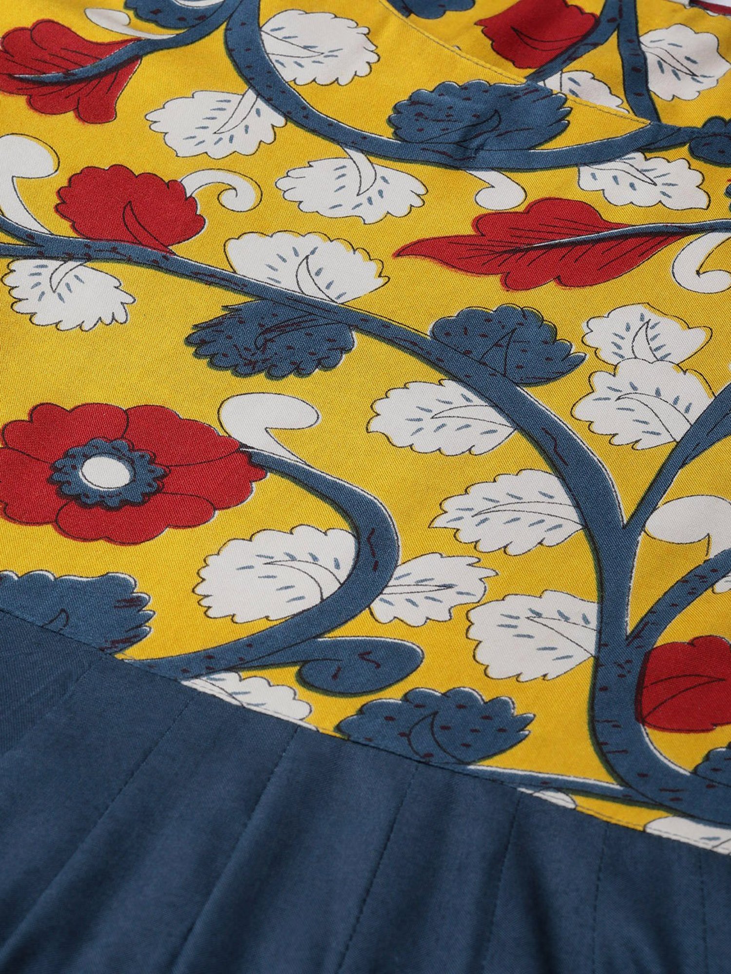 Geroo Jaipur Yellow & Navy Blue Kalamkari Hand Block Printed Rayon Dress
