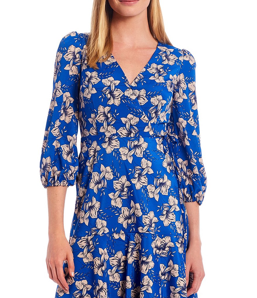 Eliza J Floral Faux Wrap V-Neck 3/4 Sleeve Dress