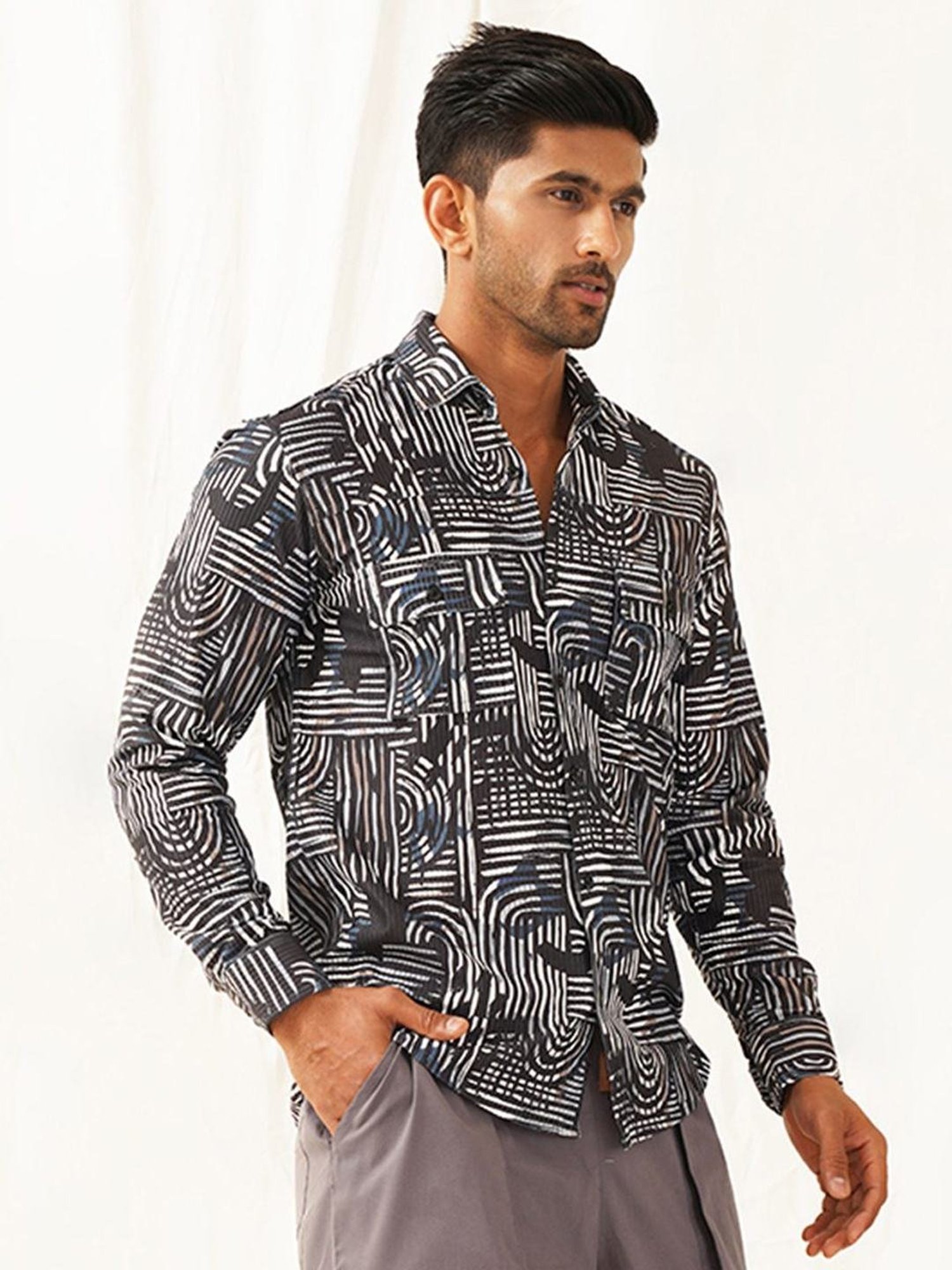 Indian Needle Charcoal Regular Fit Printed Shirt