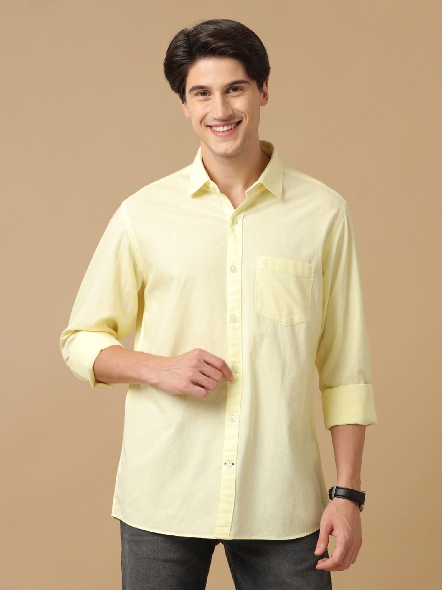 CAVALLO by Linen Club Lime Yellow Contemporary Fit Shirt