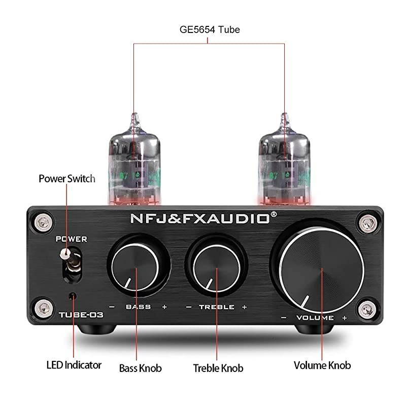 TUBE03 Tube Preamp GE5654 Tube HiFi Tube Preamplifier with Bass Treble Control Home Theater Stereo Audio Preamplifier DC 12V Black