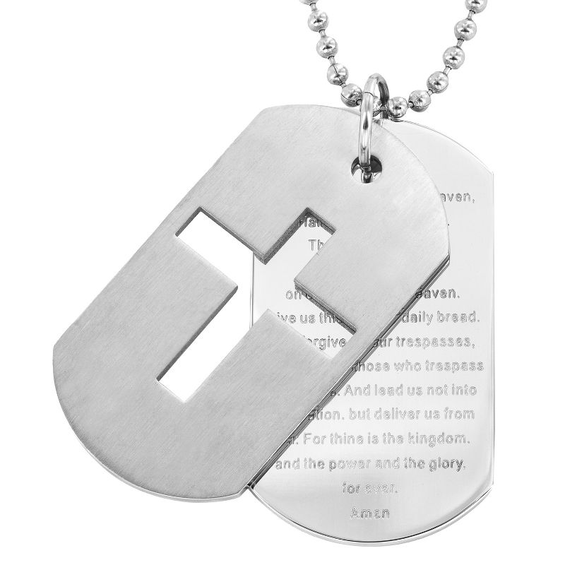 Men's Stainless Steel Cross and 'Lord's Prayer' Double Dog Tag Necklace