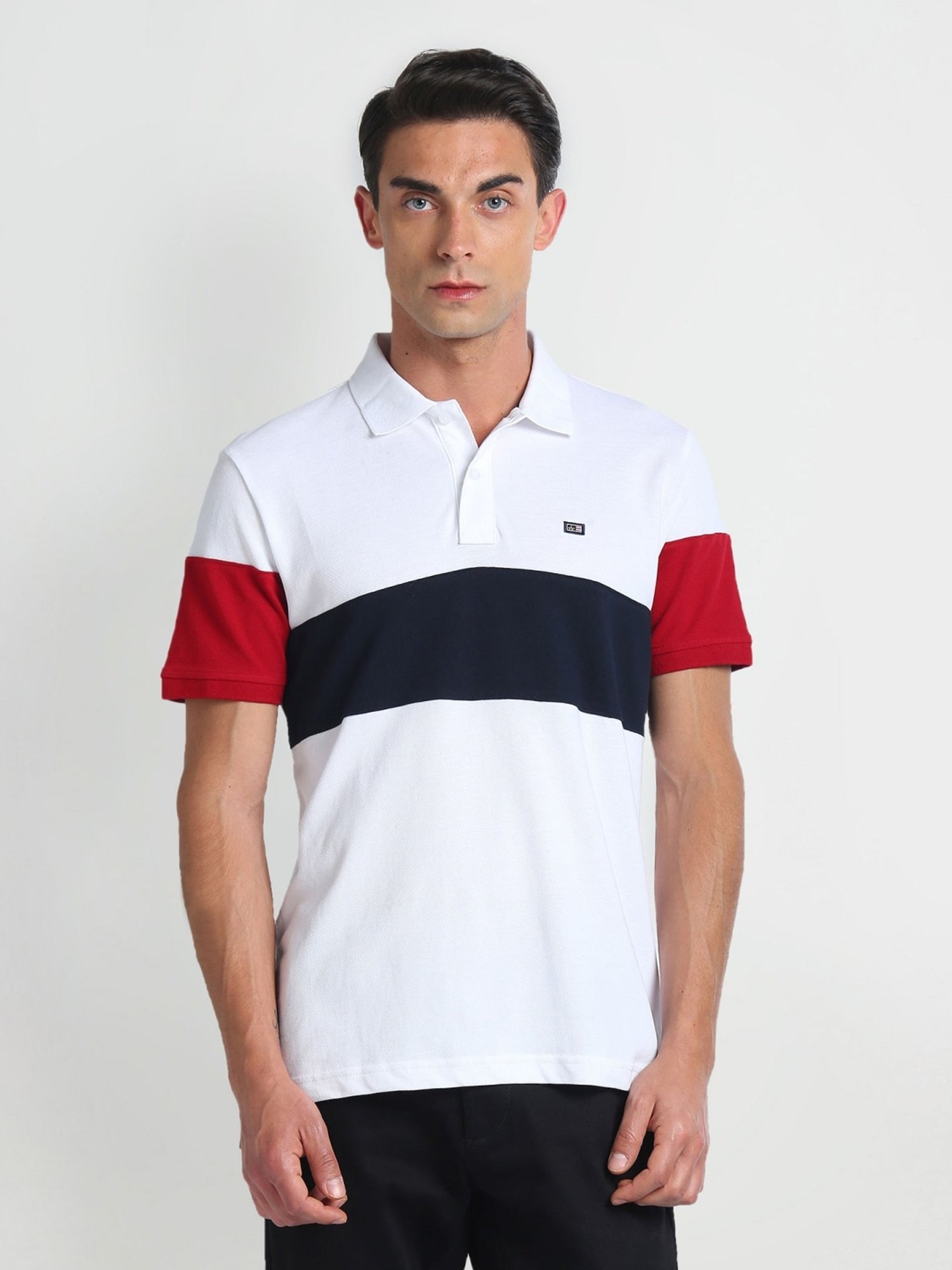 Arrow Sports White Cotton Regular Fit Colour Block Polo T-Shirt