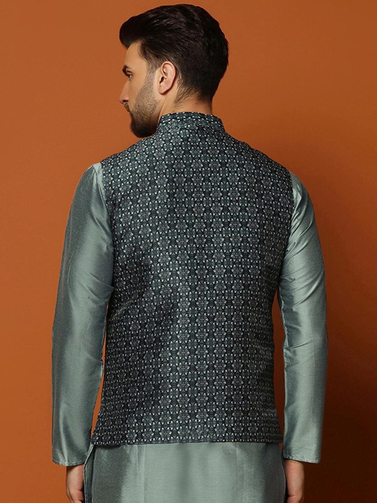 KISAH Teal Blue Regular Fit Self Pattern Nehru Jacket