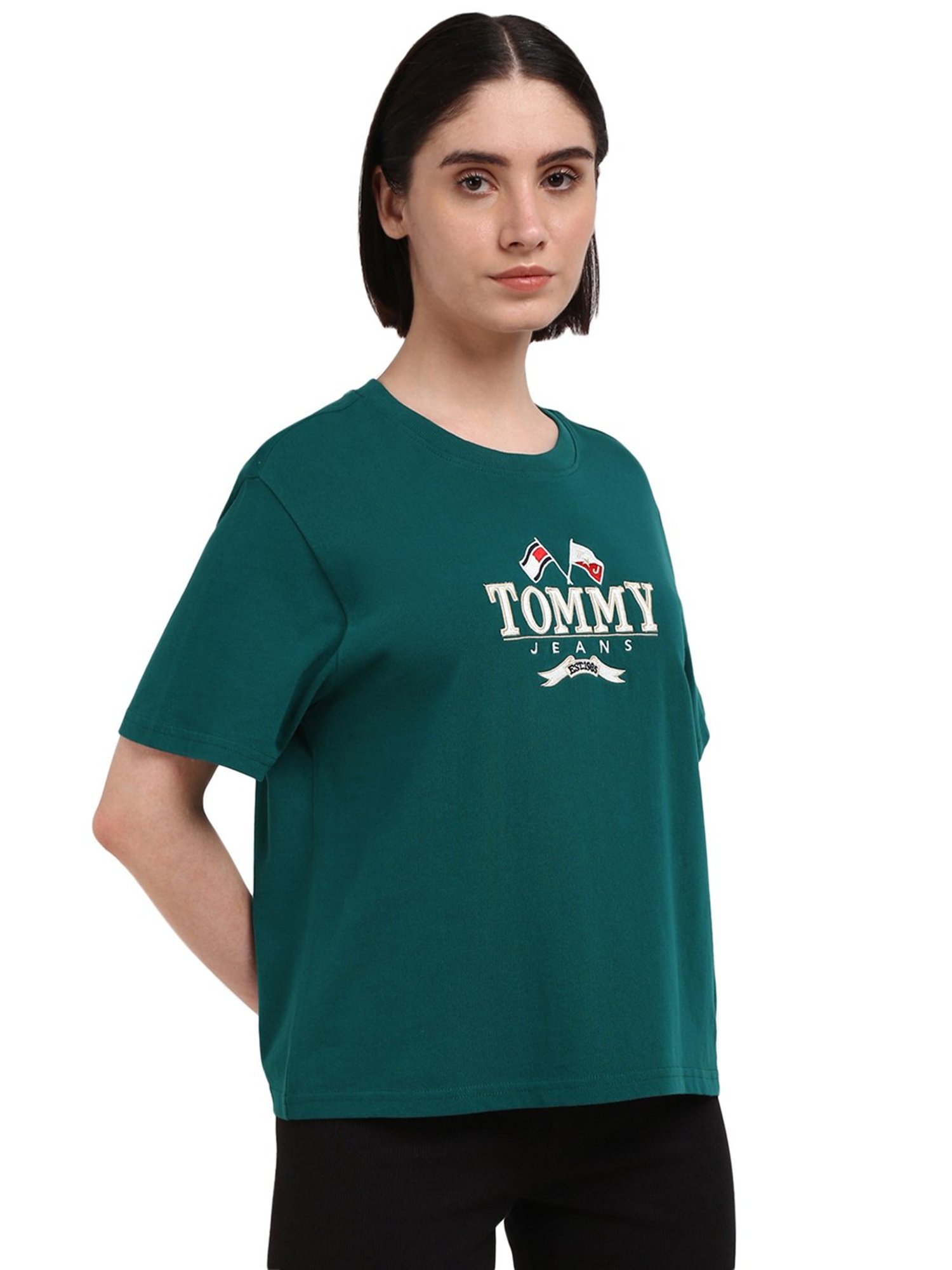 Tommy Hilfiger Green Pure Cotton Embroidered Women Regular Fit T-Shirt