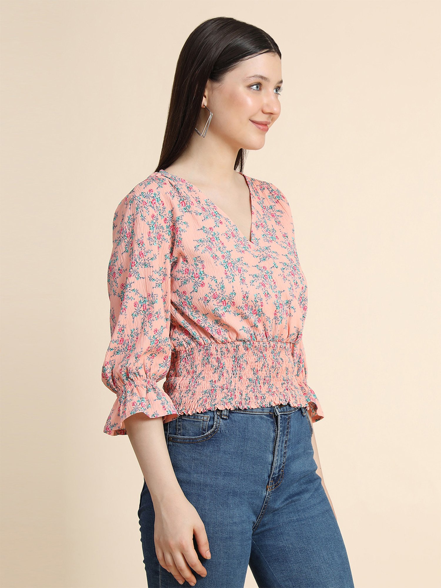 KERI PERRY Peach Cotton Floral Print Top