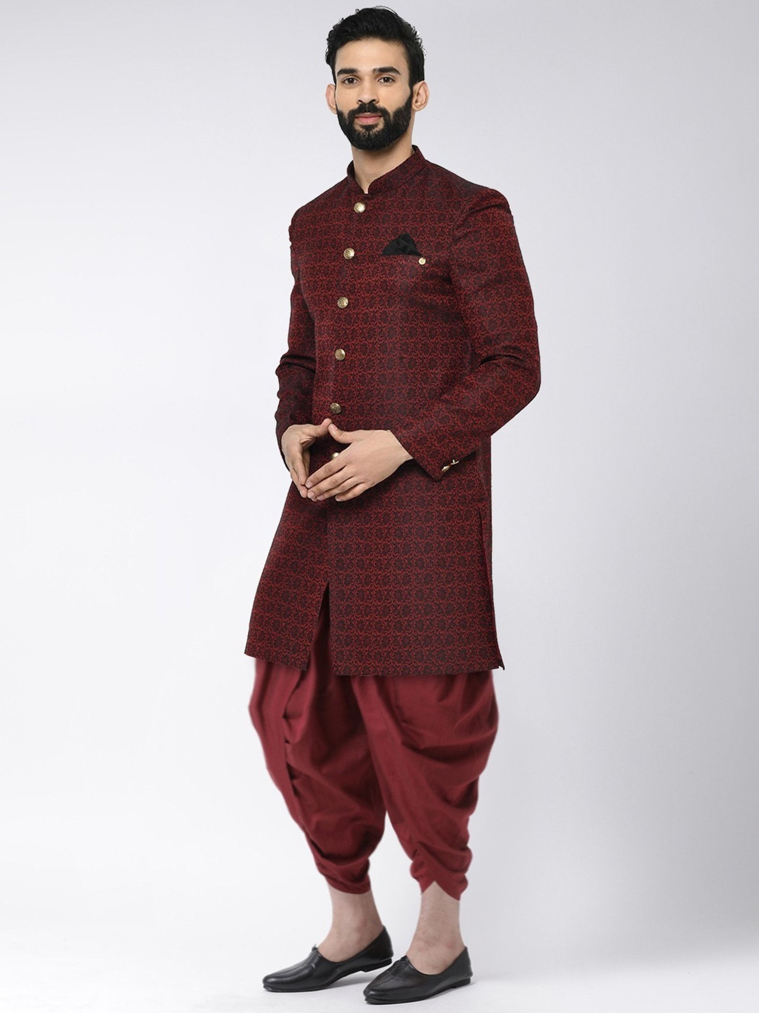 KISAH Maroon Regular Fit Jacquard Sherwani Set