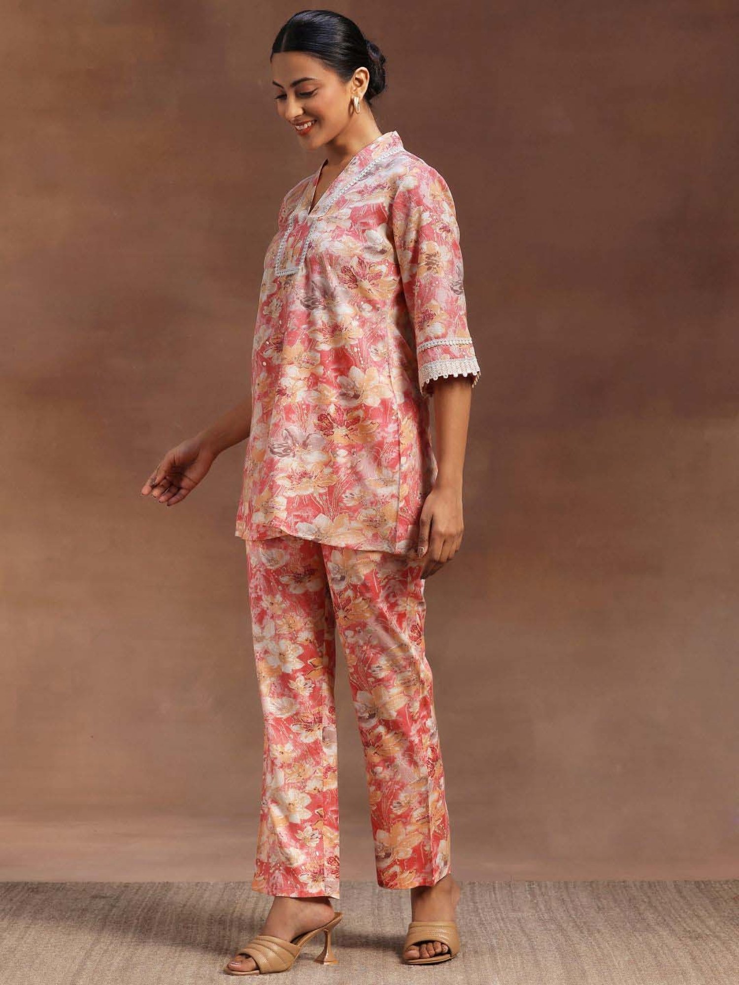 Libas Peach Printed Cotton Blend Co-Ords