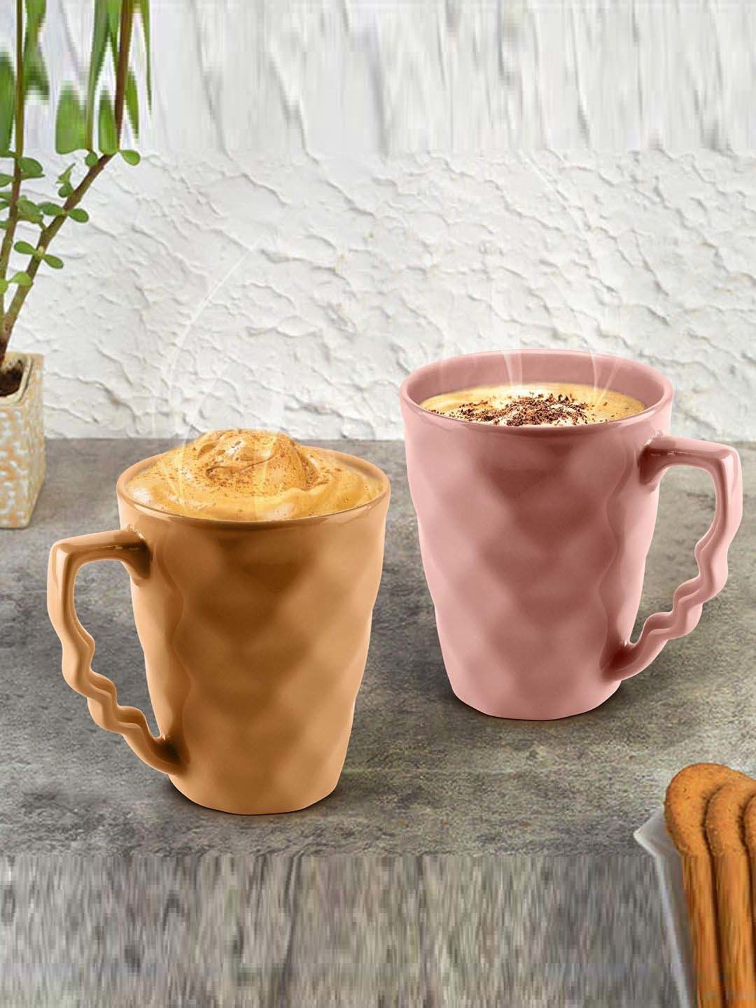 Urban Chef Pink & Brown Ceramic Prism Microwave Safe Coffee Mug (0.225 L) - Set of 2