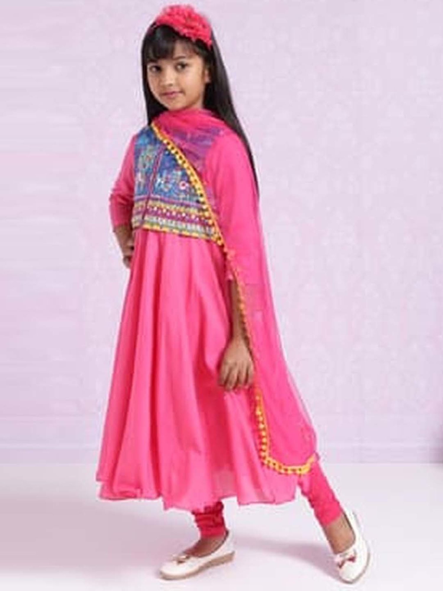 Biba Kids Pink & Blue Regular Fit Kurta Set