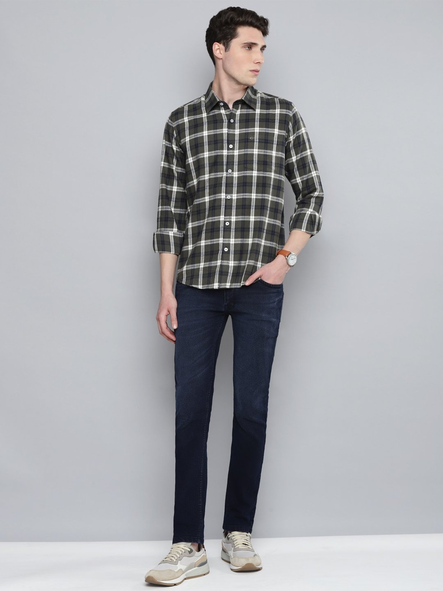 Allen cooper Olive Regular Fit Checks Shirt