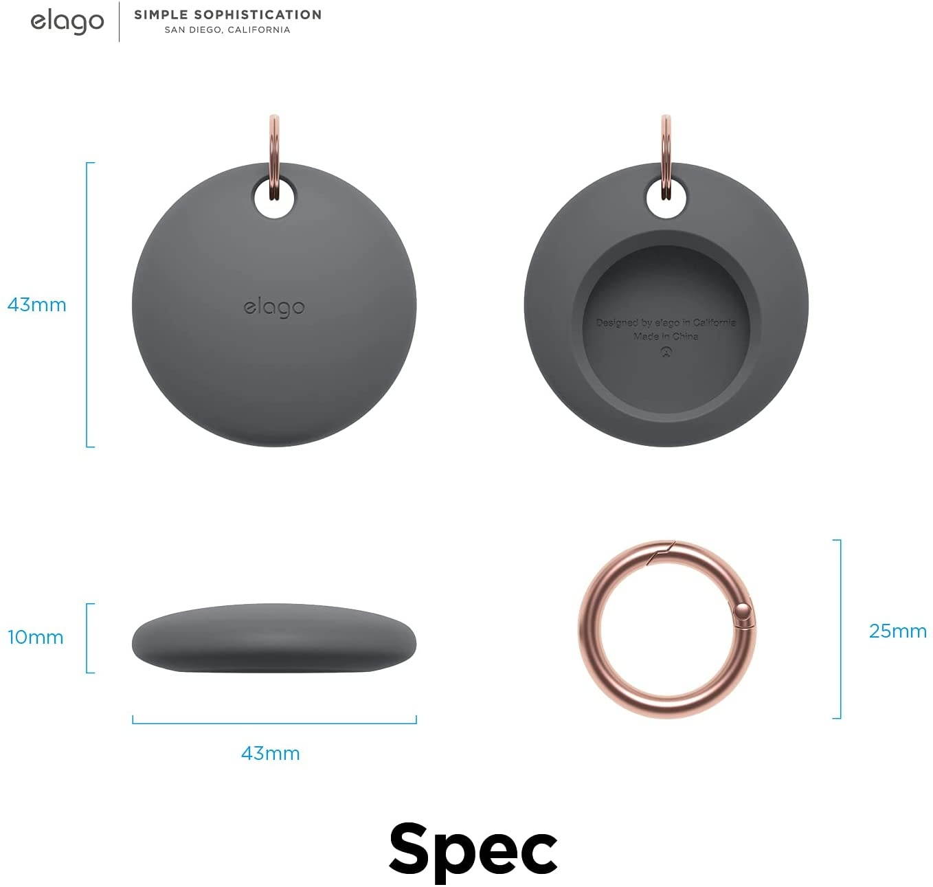 elago Basic Case Compatible with AirTag Keychain - Full Protection, Keychain Included, Slim and Simple Design, Premium Food Grade Silicone, Scratch-Free, Safe for Kids and Pets [Dark Gray]