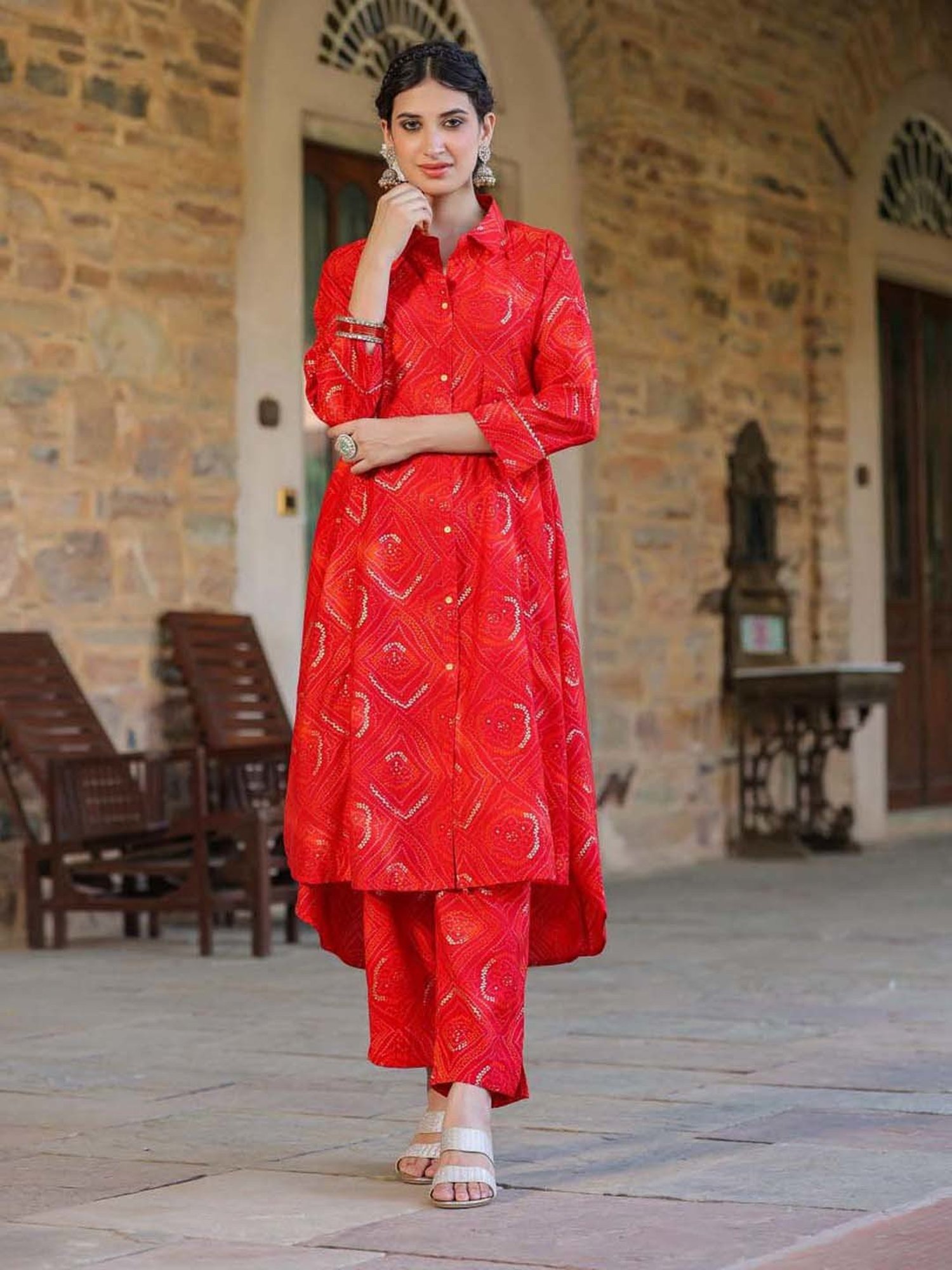 SCAKHI Crimson Red Printed Tunic Pant Set