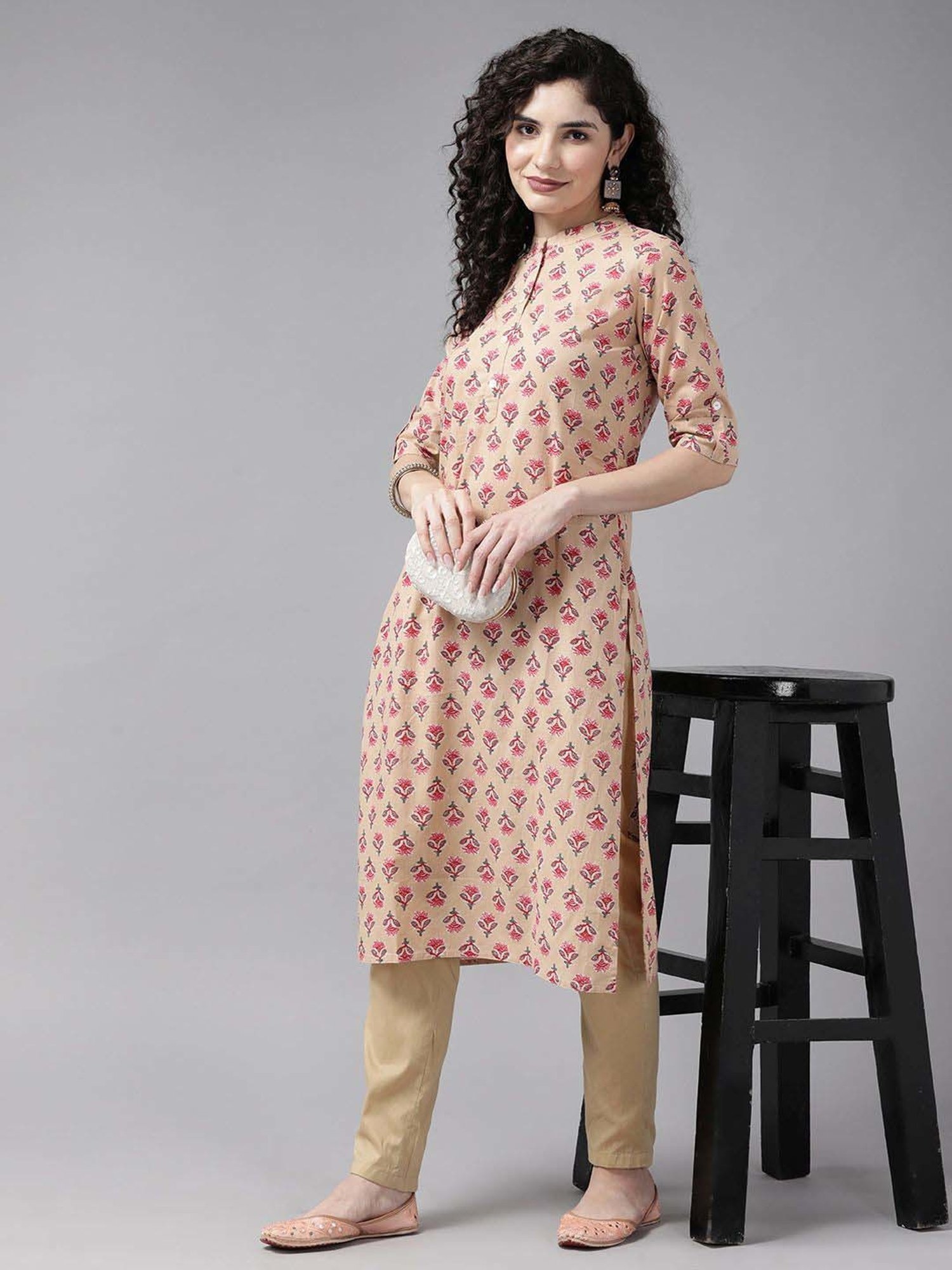 Cayman Beige Cotton Floral Print Straight Kurta