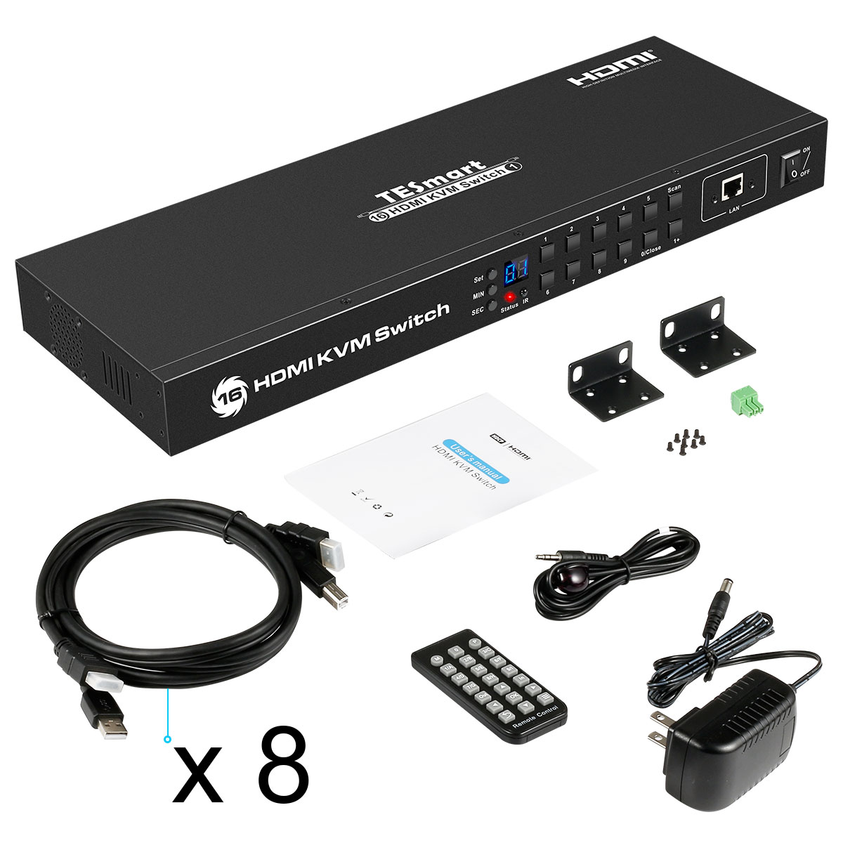 TESmart 16Ports HDMI KVM Switch 4K UHD Switch USB 2.0, 8 Pcs 5ft/1.5m KVM Cable, Console Rack Mount, 16 Port Input, Control of 16 Computers/Servers,RS232,LAN Port