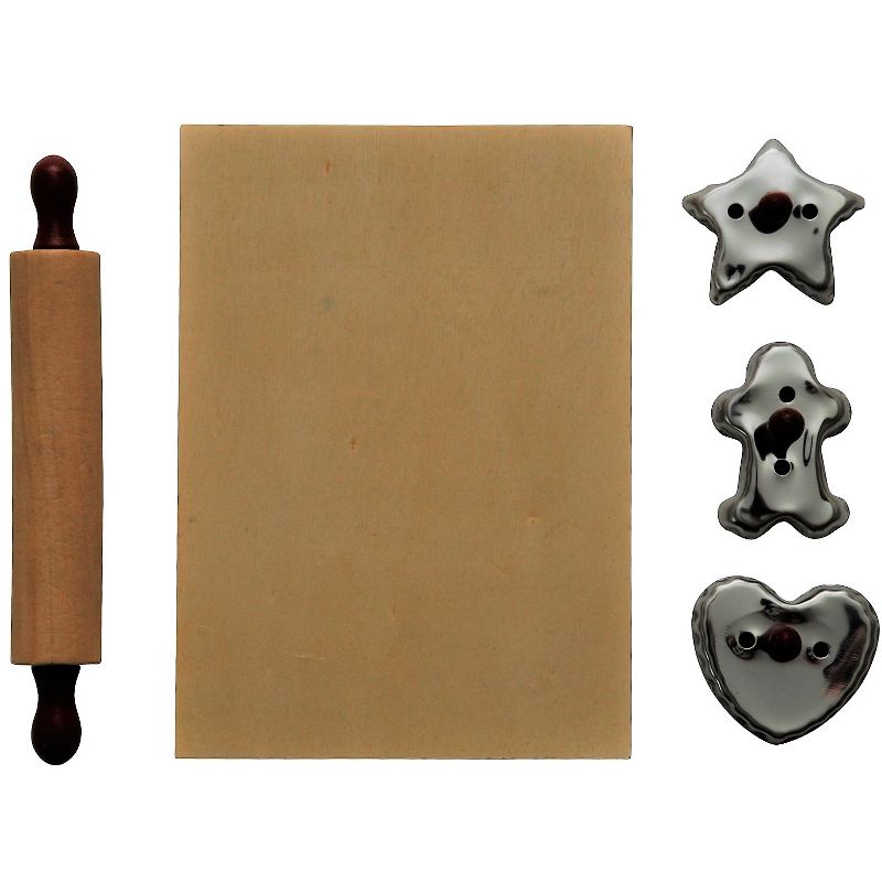 18" Doll 5pc Baking Tool Set - 3 Tin Cookie Cutters, Bread Board & Rolling Pin