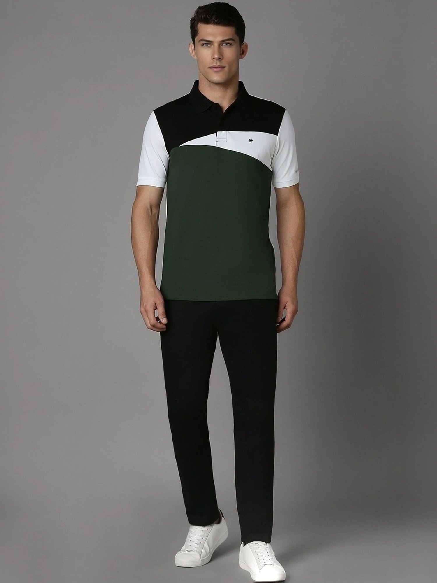 Louis Philippe Green Regular Fit Colour Block Polo T-Shirt