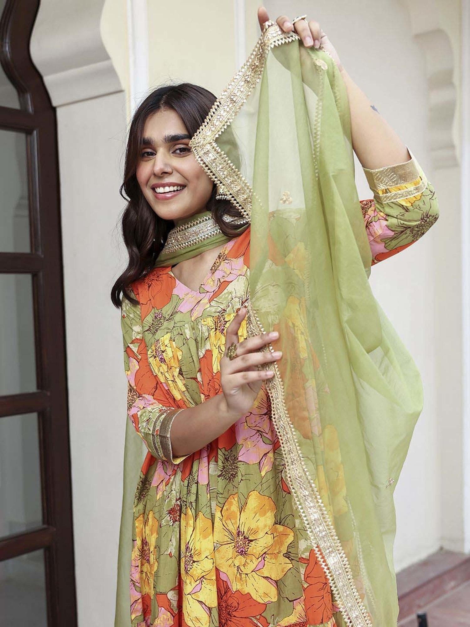 Janasya Multicolored Cotton Floral Print Kurta & Palazzo Set With Dupatta