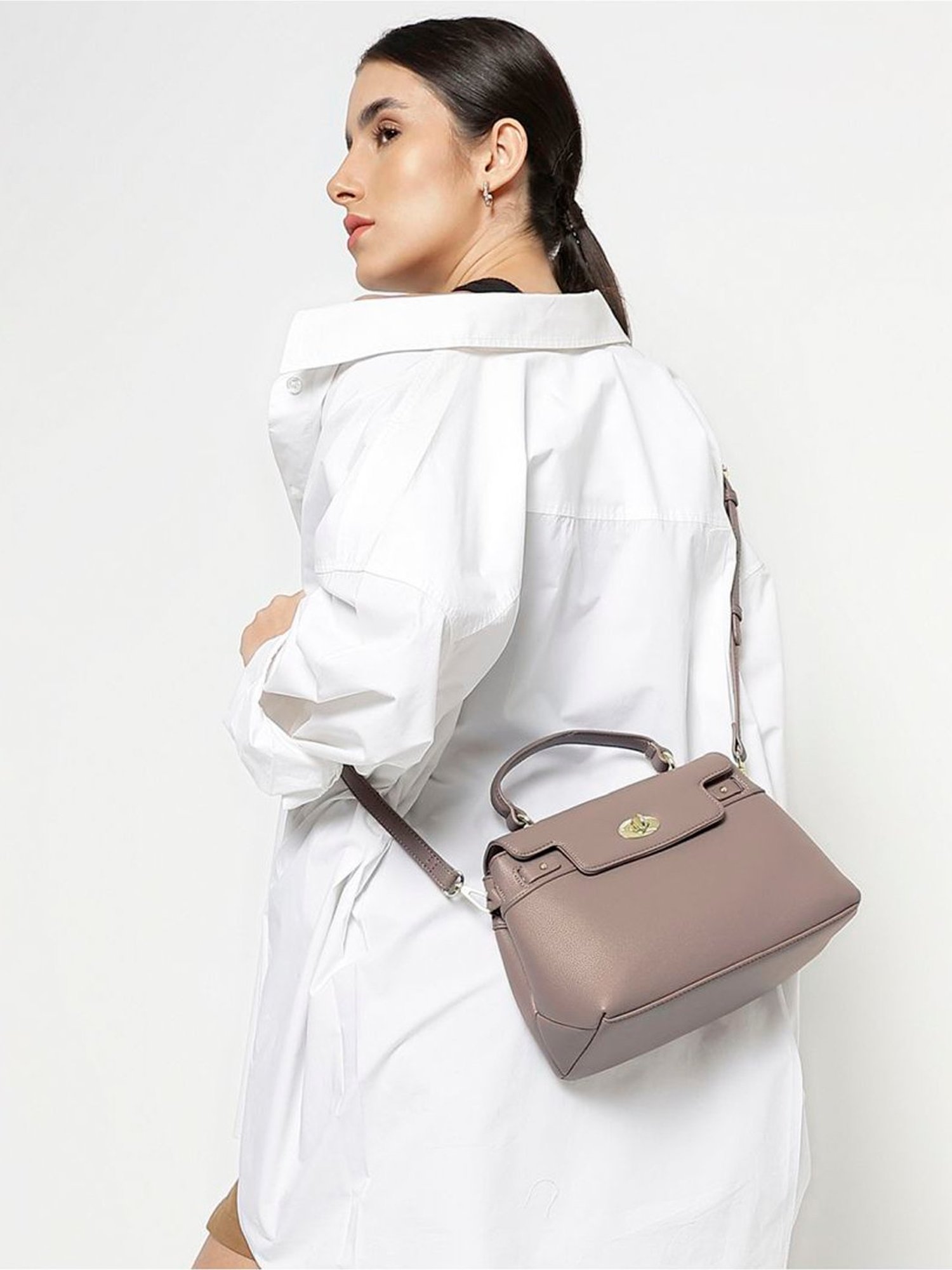 Tyra Lillian Taupe Solid Faux Leather Satchel Handbag