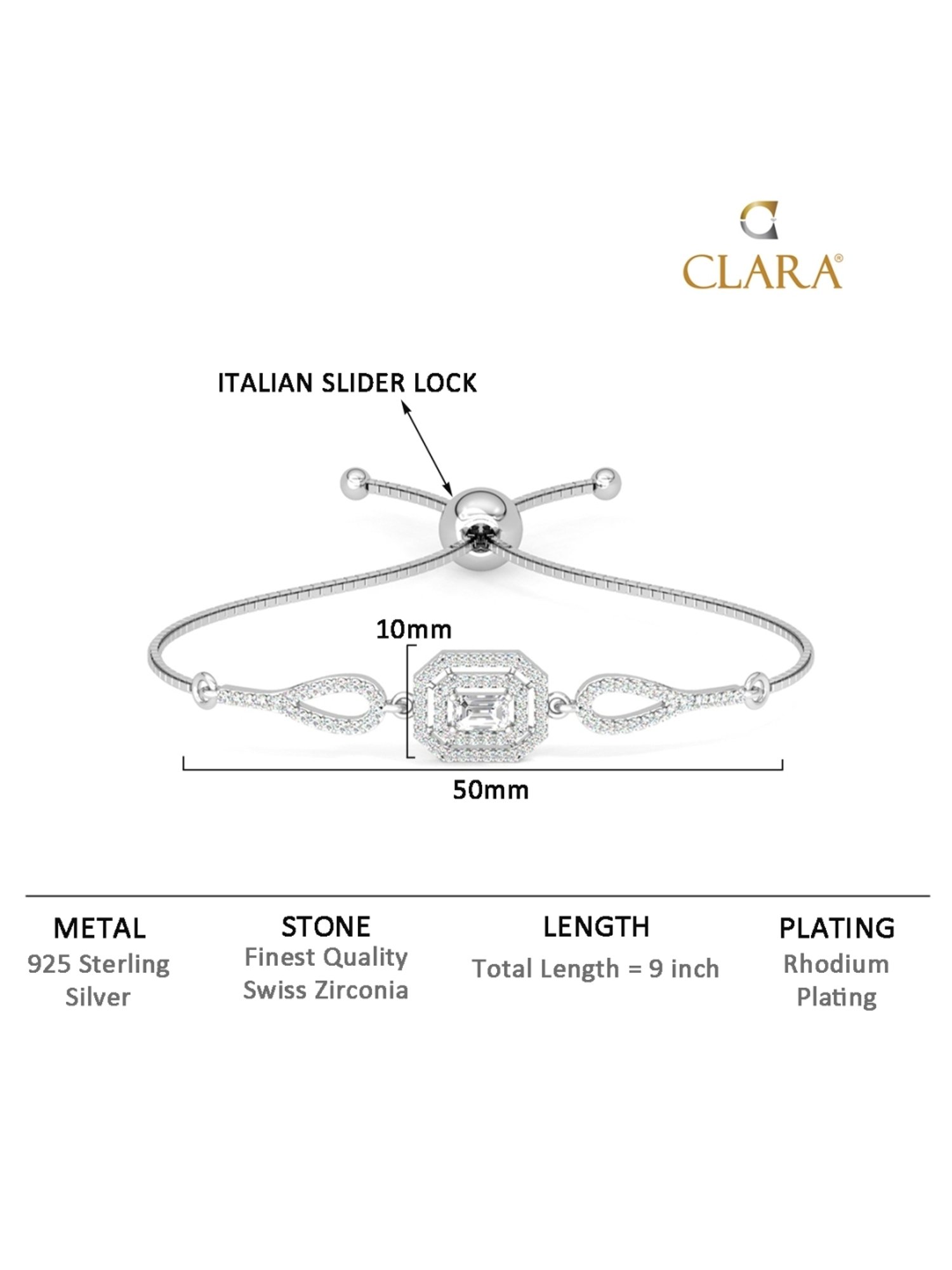 Clara 92.5 Sterling Silver Adjustable Anti Tarnish Swiss Zirconia Octa Solitaire Bracelet for Women