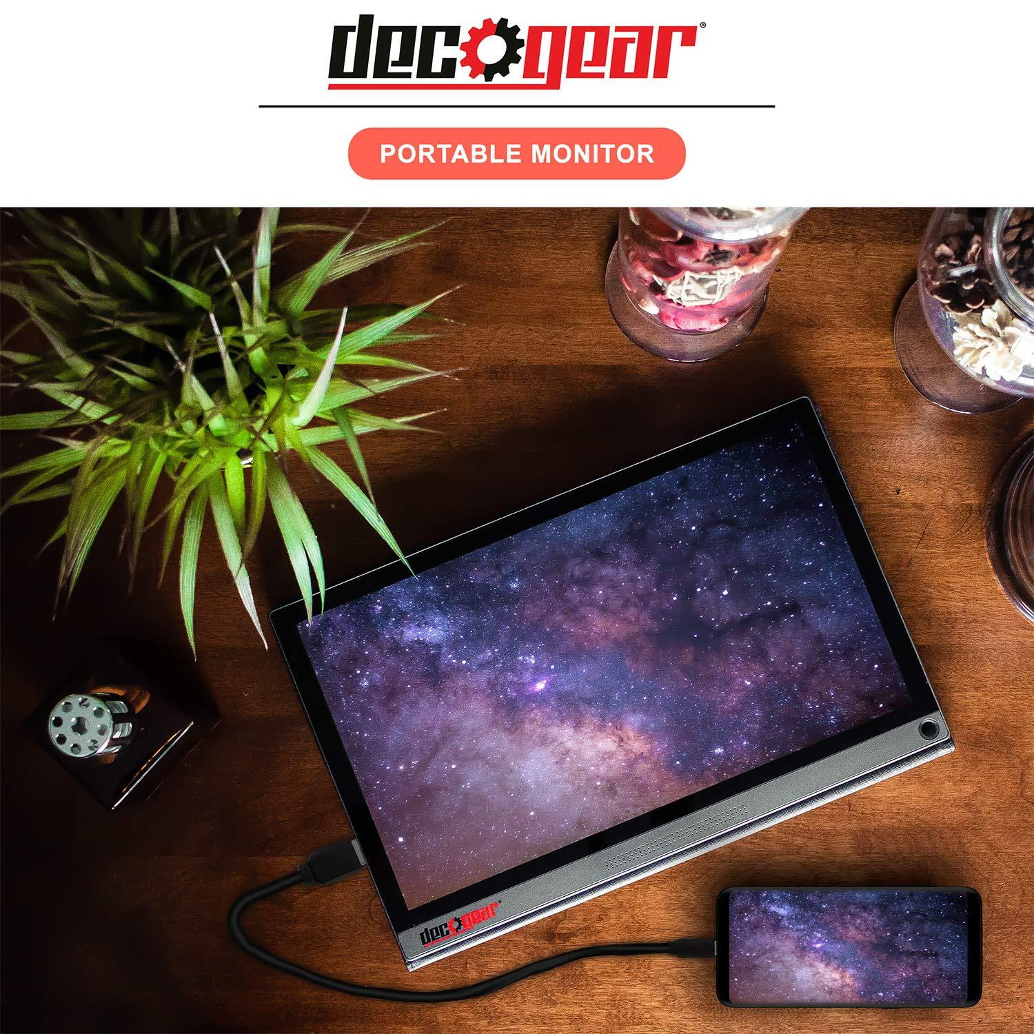 Deco Gear 15.6 Portable Monitor 1080p IPS HD Panel, Touchscreen with 10 Point Capacitive Control, 10,000 mAh Battery, Built-in Dual Speakers & USB Type-C and HDMI Devices Connections