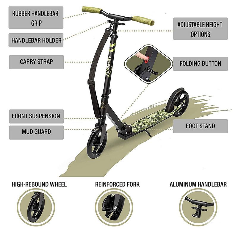 LaScoota Premium Teen Adult Adjustable Portable Folding Kick Scooter w/ Lightweight Wide Non Slip Deck and Carry Strap, Camouflage